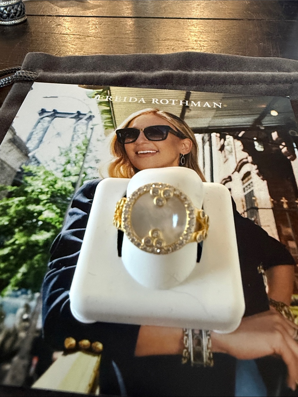 Freida Rothman Gold Mother Of Pearl Cocktail Ring with Halo Accent